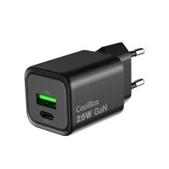 COOLBOX Cargador Gan 25W USB-A/USB-C Pared Negro